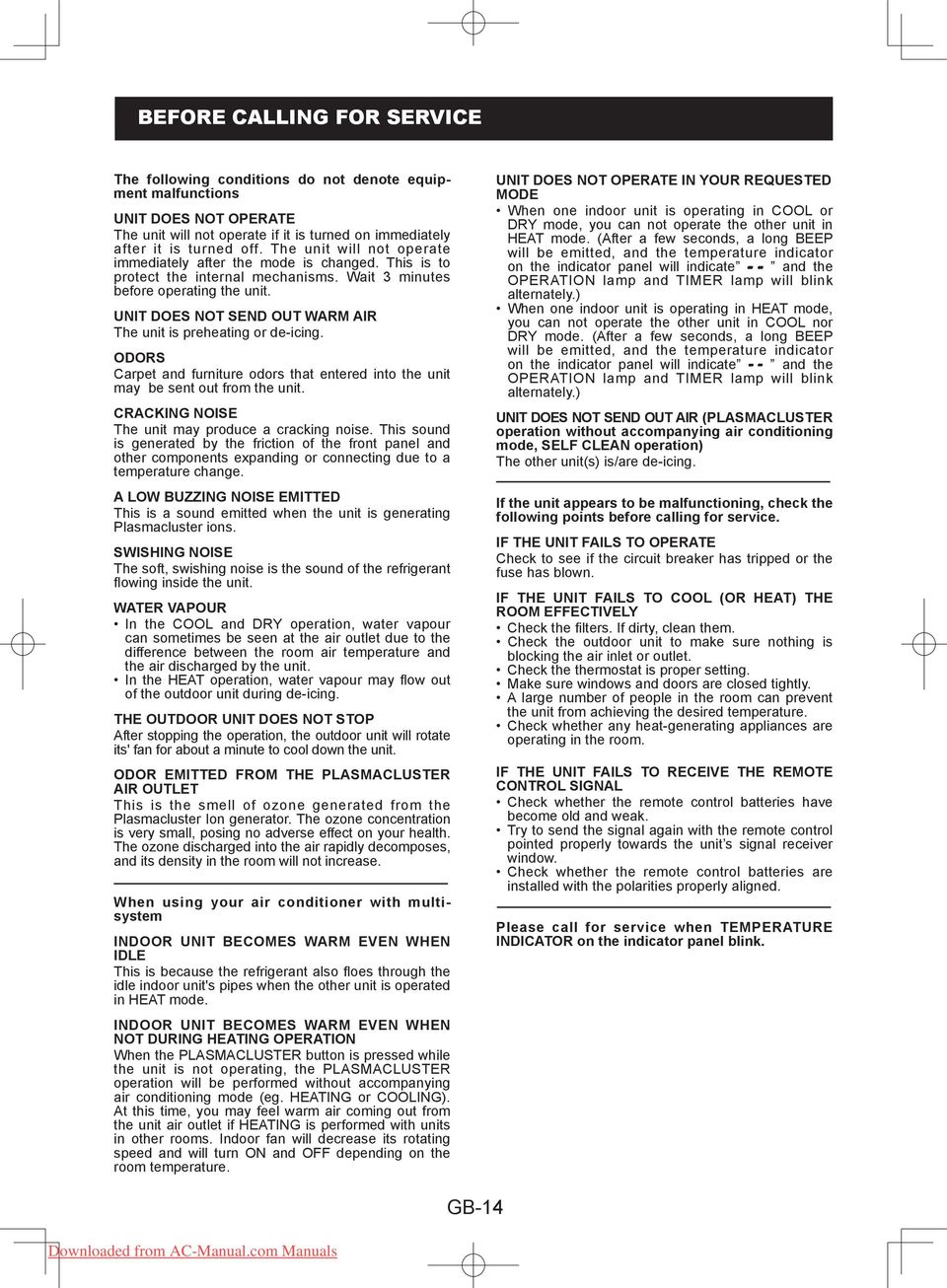 UNIT DOES NOT SEND OUT WARM AIR The unit is preheating or de-icing. ODORS Carpet and furniture odors that entered into the unit may be sent out from the unit.