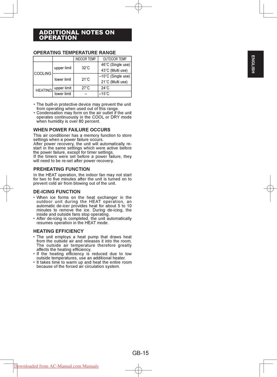 unit from operating when used out of this range. Condensation may form on the air outlet if the unit operates continuously in the COOL or DRY mode when humidity is over 80 percent.