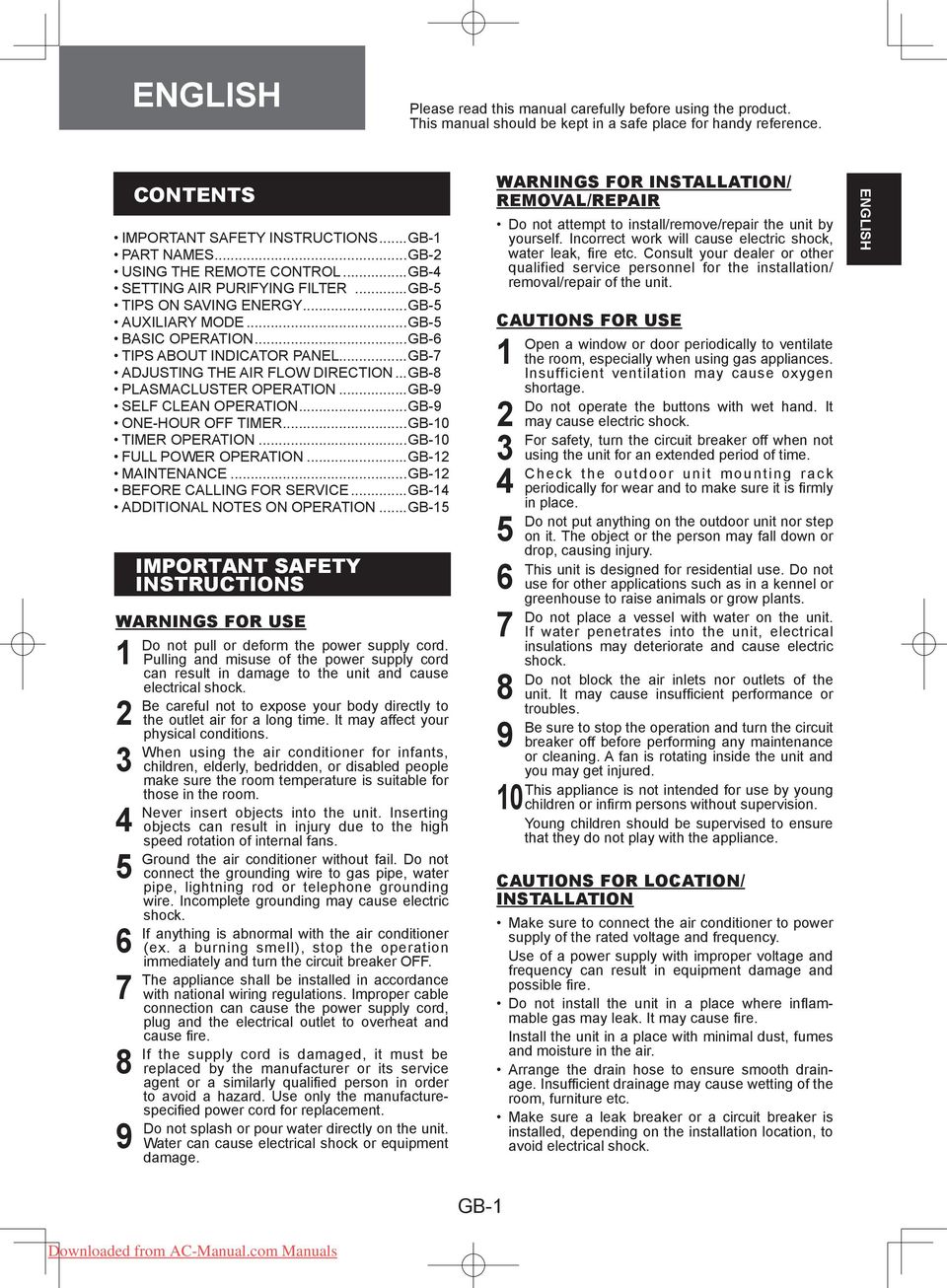 ..GB-5 TIPS ON SAVING ENERGY...GB-5 AUXILIARY MODE...GB-5 BASIC OPERATION...GB-6 TIPS ABOUT INDICATOR PANEL...GB-7 ADJUSTING THE AIR FLOW DIRECTION...GB-8 PLASMACLUSTER OPERATION.