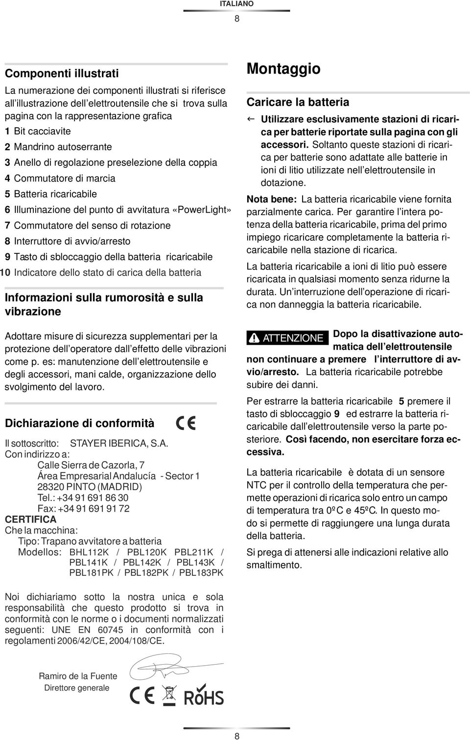 del senso di rotazione 8 Interruttore di avvio/arresto 9 Tasto di sbloccaggio della batteria ricaricabile 10 Indicatore dello stato di carica della batteria Informazioni sulla rumorosità e sulla