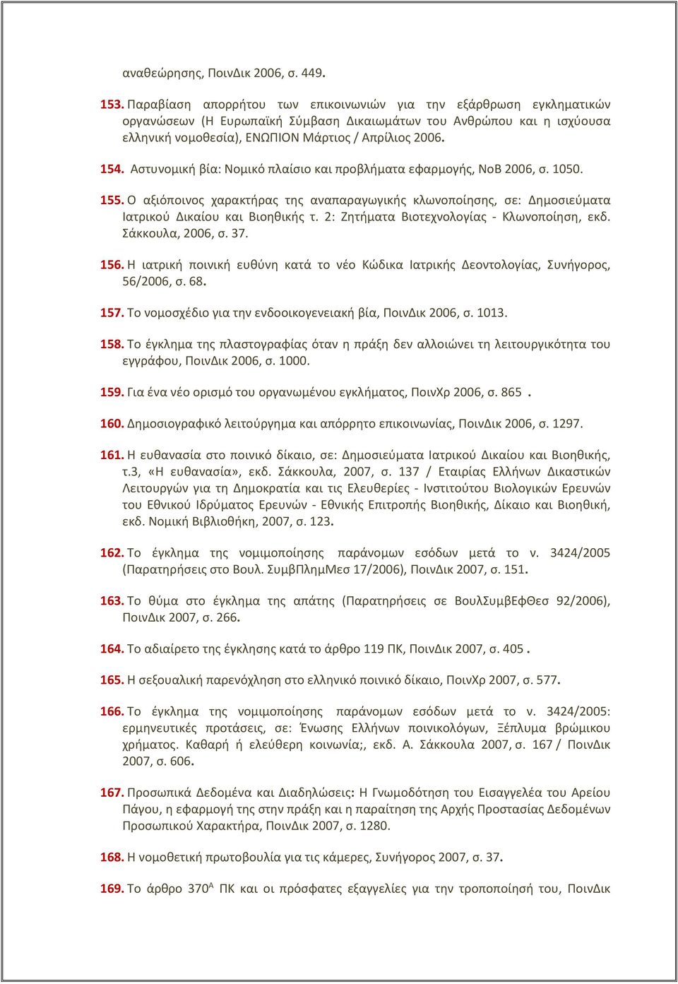 Αστυνομική βία: Νομικό πλαίσιο και προβλήματα εφαρμογής, ΝοΒ 2006, σ. 1050. 155. Ο αξιόποινος χαρακτήρας της αναπαραγωγικής κλωνοποίησης, σε: Δημοσιεύματα Ιατρικού Δικαίου και Βιοηθικής τ.