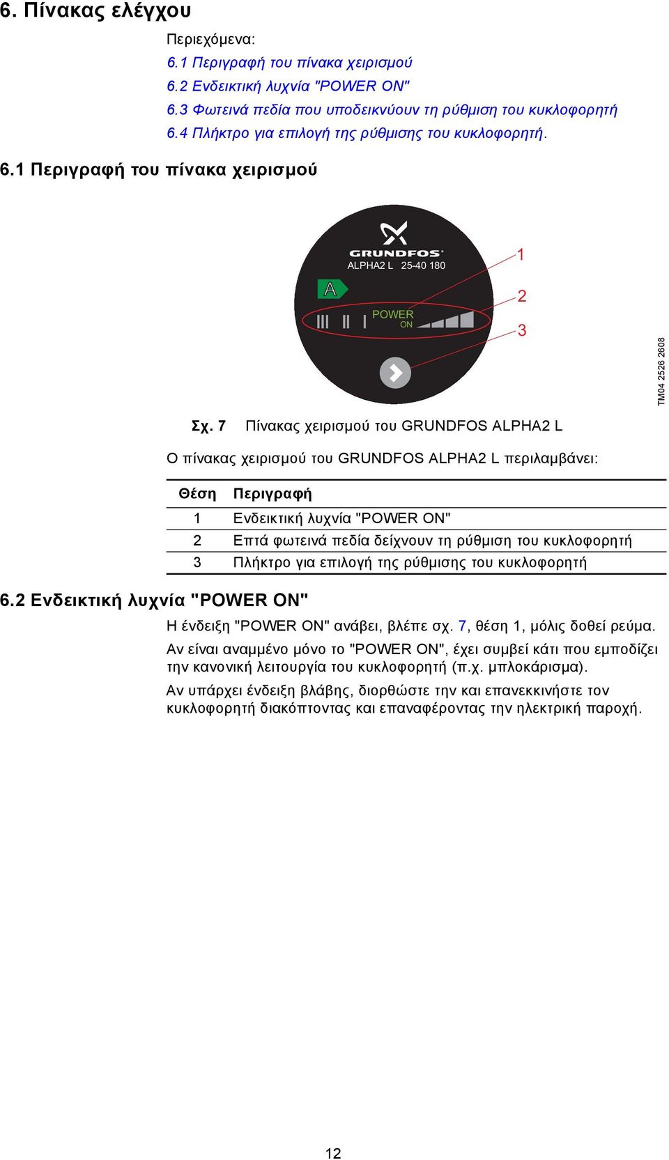 2 Ενδεικτική λυχνία "POWER ON" Ο πίνακας χειρισμού του GRUNDFOS ALPHA2 L περιλαμβάνει: Θέση Περιγραφή 1 Ενδεικτική λυχνία "POWER ON" 2 Επτά φωτεινά πεδία δείχνουν τη ρύθμιση του κυκλοφορητή 3 Πλήκτρο