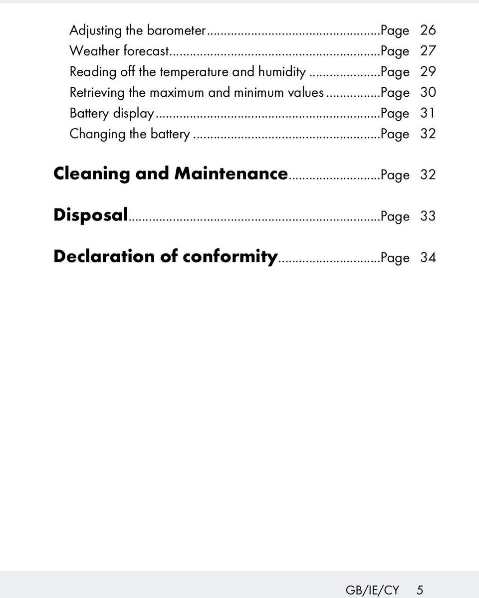 ..page 29 Retrieving the maximum and minimum values...page 30 Battery display.