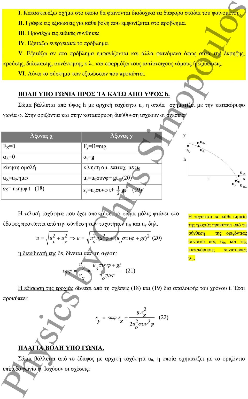 Λύνω το σύστημα των εξισώσεων πο προκύπτει. ΒΟΛΗ ΥΠΟ ΓΩΝΙΑ ΠΡΟΣ ΤΑ ΚΑΤΩ ΑΠΟ ΥΨΟΣ. Σώμα βάλλεται από ύψος με αρχική ταχύτητα u 0 η οποία σχηματίζει με την κατακόρφο γωνία φ.