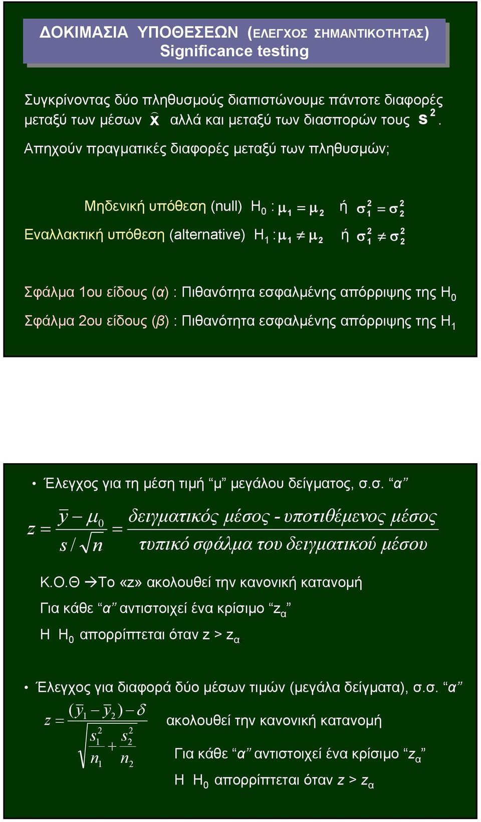 Σφάλμα ου είδους (β) : Πιθανότητα εσφαλμένης απόρριψης της Η Έλεγχος για τη μέση τιμή μ μεγάλου δείγματος, σ.σ. α y μ0 z / δειγματικός μέσος - υποτιθέμενος μέσος τυπικό σφάλμα του δειγματικού μέσου Κ.