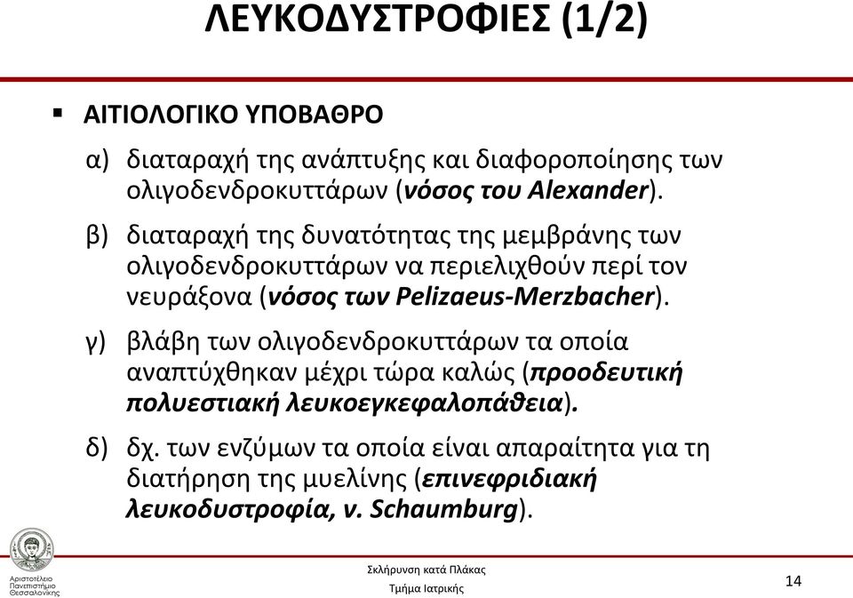 β) διαταραχή της δυνατότητας της μεμβράνης των ολιγοδενδροκυττάρων να περιελιχθούν περί τον νευράξονα (νόσος των