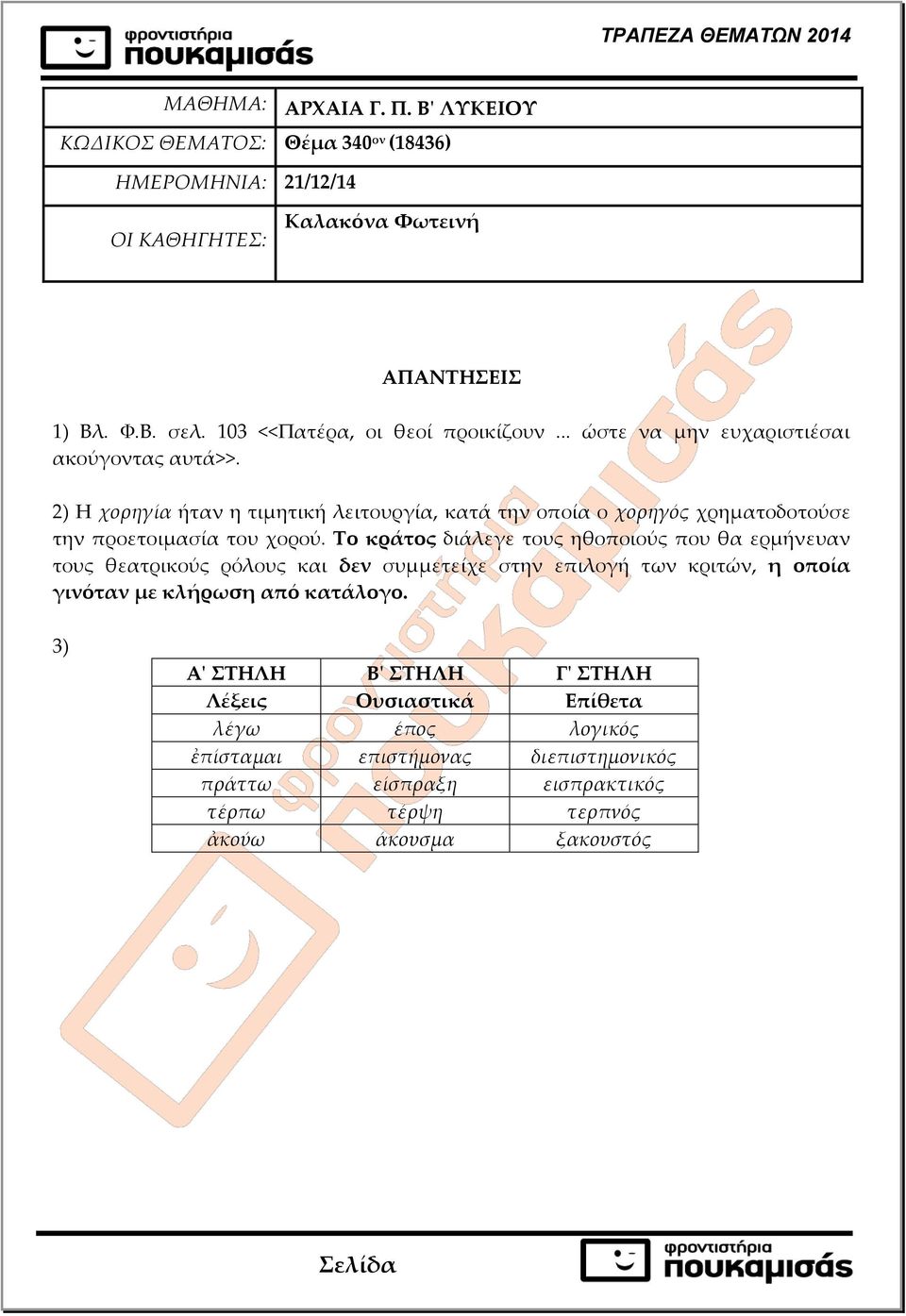 2) Η χορηγία ήταν η τιμητική λειτουργία, κατά την οποία ο χορηγός χρηματοδοτούσε την προετοιμασία του χορού.