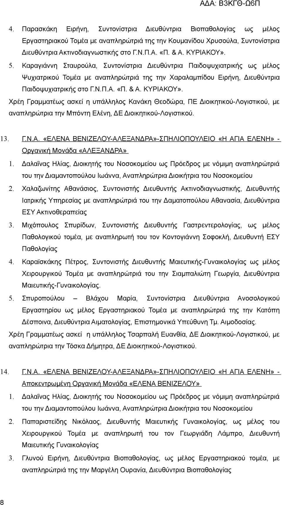 ΚΥΡΙΑΚΟΥ». Χρέη Γραμματέως ασκεί η υπάλληλος Κανάκη Θεοδώρα, ΠΕ Διοικητικού-Λογιστικού, με αναπληρώτρια την Μπόντη Ελένη, ΔΕ Διοικητικού-Λογιστικού. 13. Γ.Ν.Α. «ΕΛΕΝΑ ΒΕΝΙΖΕΛΟΥ-ΑΛΕΞΑΝΔΡΑ»-ΣΠΗΛΙΟΠΟΥΛΕΙΟ «Η ΑΓΙΑ ΕΛΕΝΗ» - Οργανική Μονάδα «ΑΛΕΞΑΝΔΡΑ» 1.