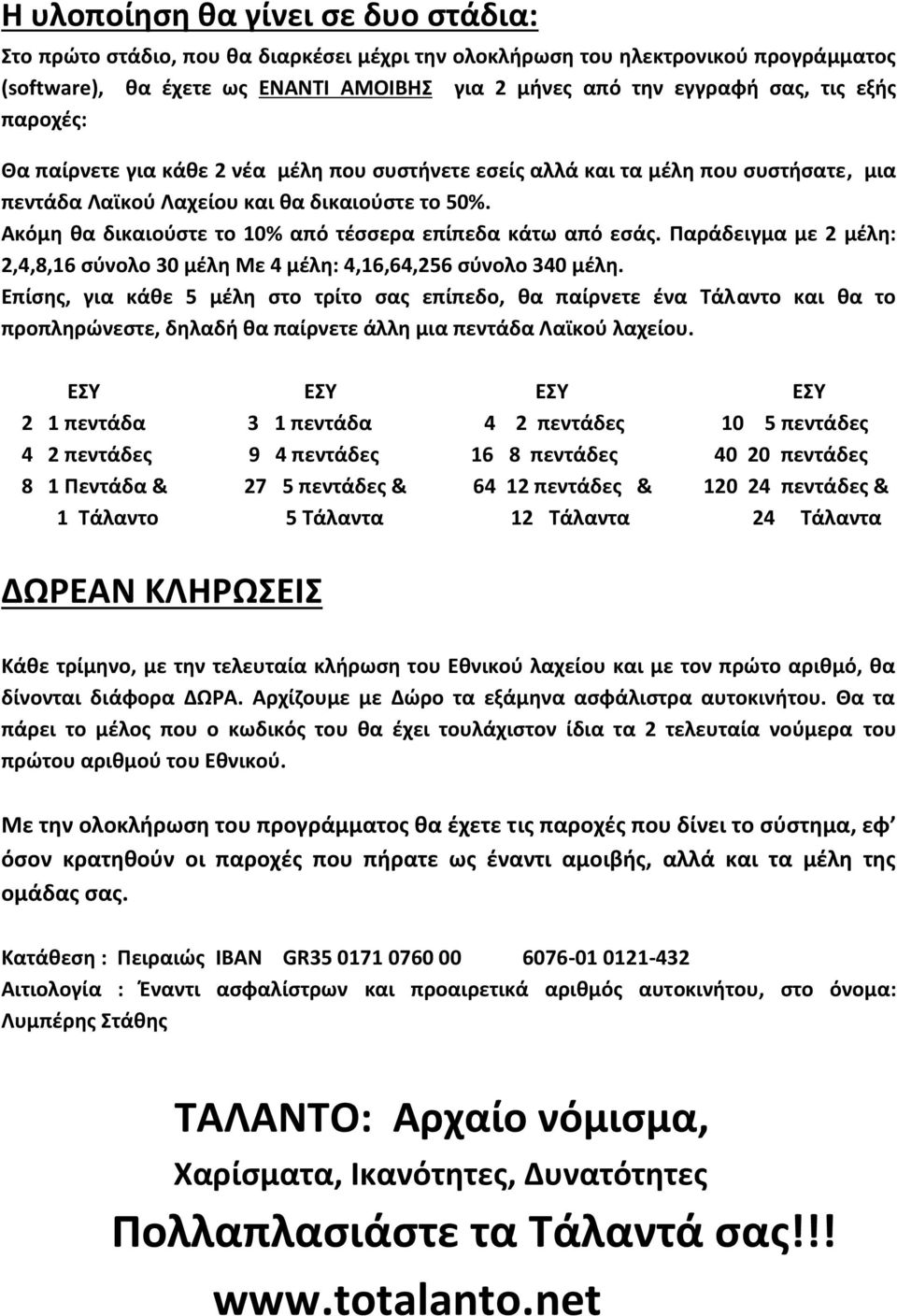 Ακόμη θα δικαιούστε το 10% από τέσσερα επίπεδα κάτω από εσάς. Παράδειγμα με 2 μέλη: 2,4,8,16 σύνολο 30 μέλη Με 4 μέλη: 4,16,64,256 σύνολο 340 μέλη.