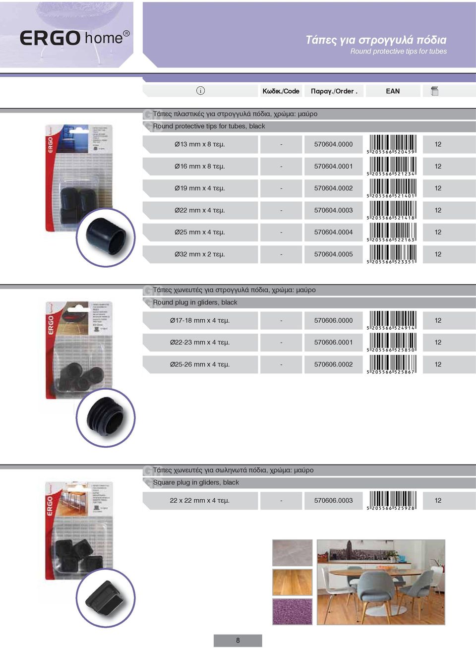 - 570604.0002 Ø22 mm x 4 τεμ. - 570604.0003 Ø25 mm x 4 τεμ. - 570604.0004 Ø32 mm x 2 τεμ. - 570604.0005 Τάπες χωνευτές για στρογγυλά πόδια, χρώμα: μαύρο ound plug n glders, black Ø17-18 mm x 4 τεμ.