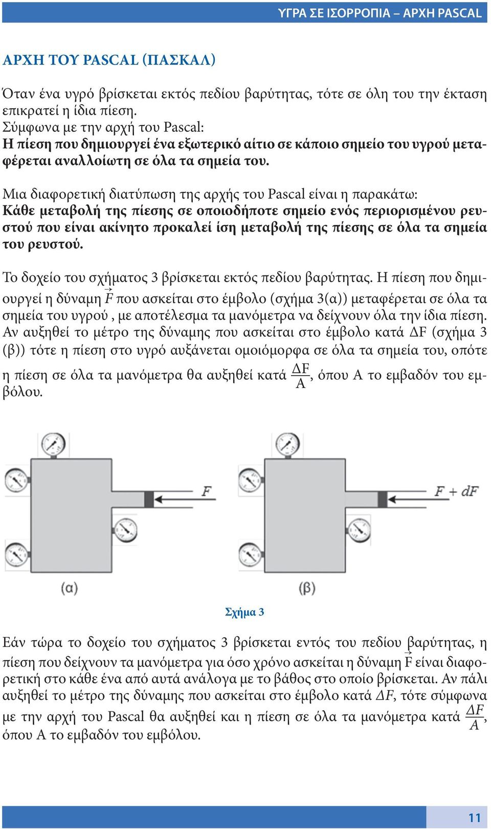 Μια διαφορετική διατύπωση της αρχής του Pascal είναι η παρακάτω: Κάθε μεταβολή της πίεσης σε οποιοδήποτε σημείο ενός περιορισμένου ρευστού που είναι ακίνητο προκαλεί ίση μεταβολή της πίεσης σε όλα τα