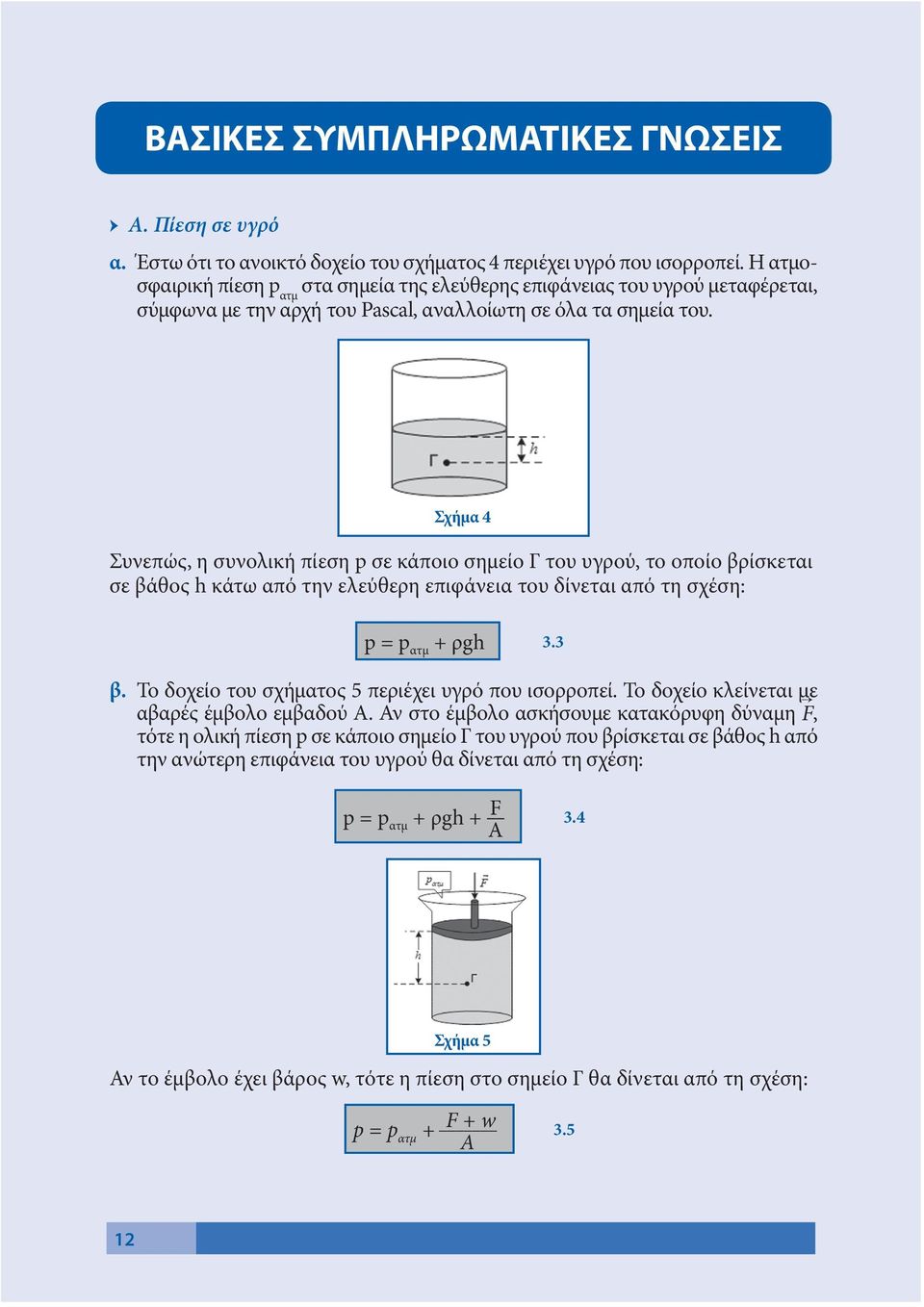 Σχήμα 4 Συνεπώς, η συνολική πίεση p σε κάποιο σημείο Γ του υγρού, το οποίο βρίσκεται σε βάθος h κάτω από την ελεύθερη επιφάνεια του δίνεται από τη σχέση: p = p ατμ + ρgh 3.3 β.