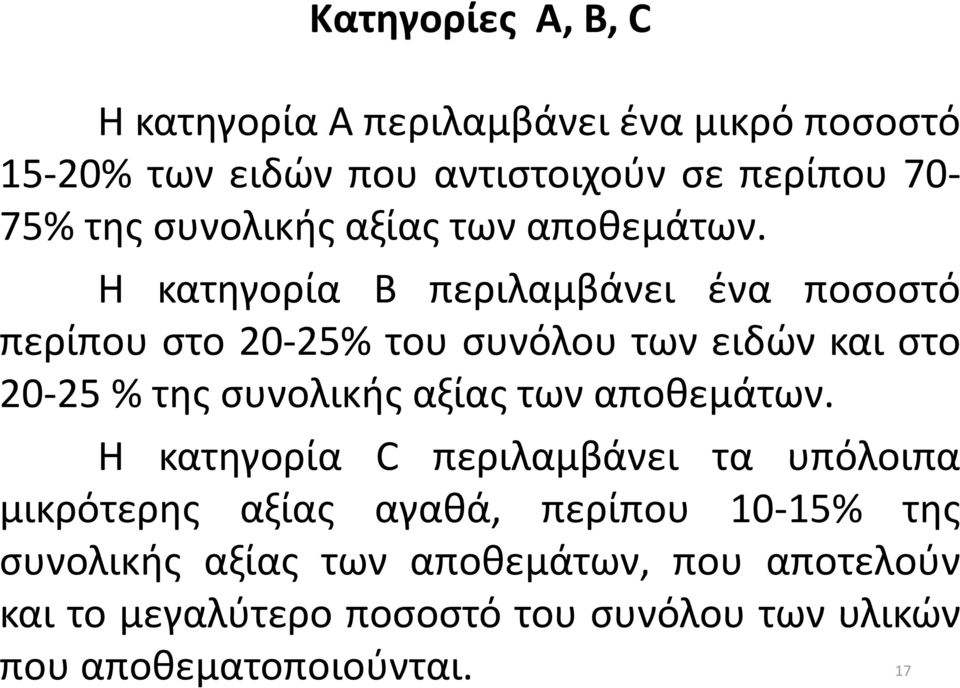 Η κατηγορία Β περιλαμβάνει ένα ποσοστό περίπου στο 20-25% του συνόλου των ειδών και στο 20-25 % της  Η κατηγορία C