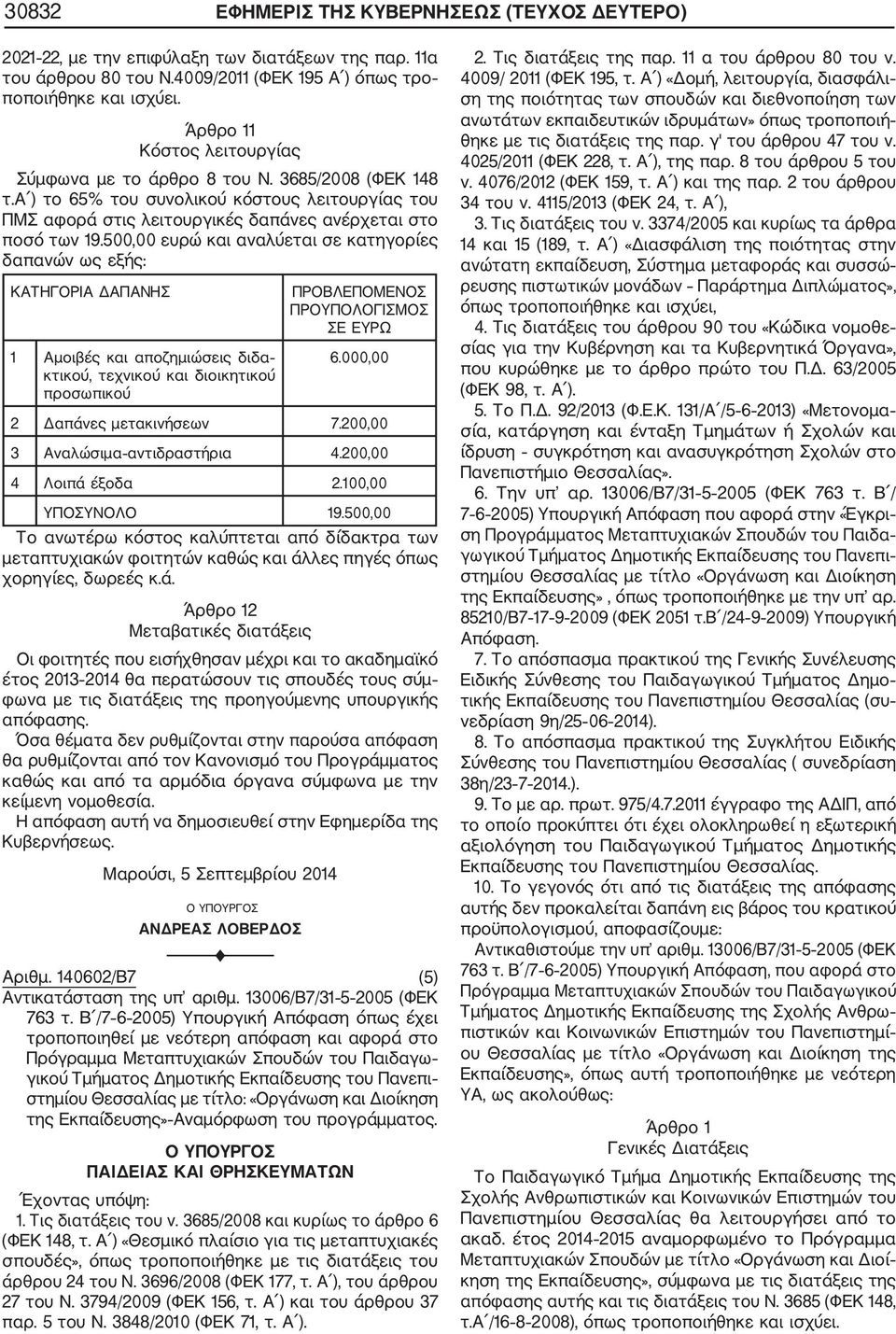 500,00 ευρώ και αναλύεται σε κατηγορίες δαπανών ως εξής: ΚΑΤΗΓΟΡΙΑ ΔΑΠΑΝΗΣ Αμοιβές και αποζημιώσεις διδα κτικού, τεχνικού και διοικητικού προσωπικού ΠΡΟΒΛΕΠΟΜΕΝΟΣ ΠΡΟΥΠΟΛΟΓΙΣΜΟΣ ΣΕ ΕΥΡΩ 6.