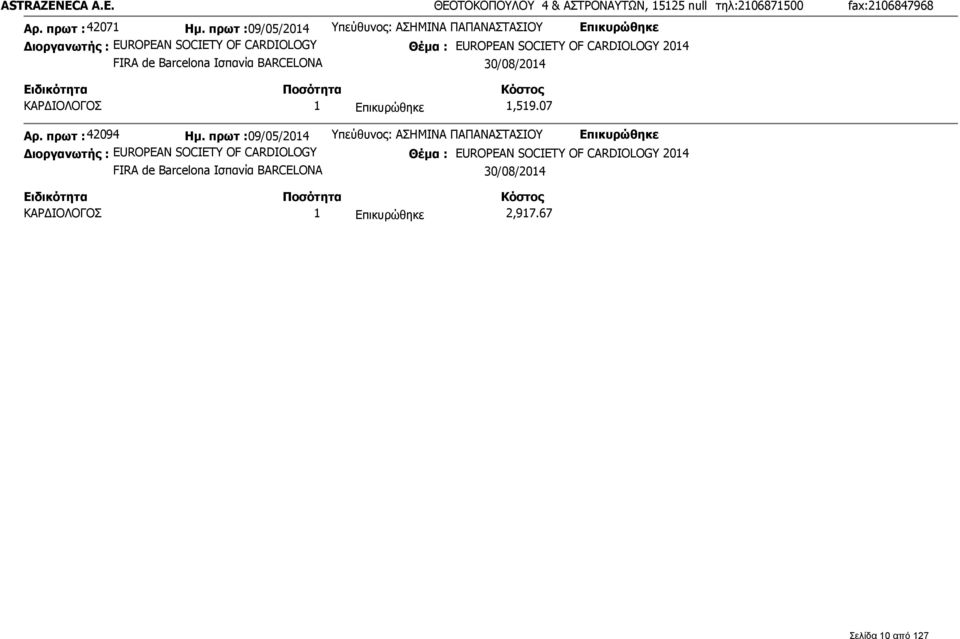 FIRA de Barcelona Ισπανία BARCELONA 30/08/2014 ΚΑΡΔΙΟΛΟΓΟΣ 1 1,519.07 Αρ. πρωτ : 42094 Ημ.