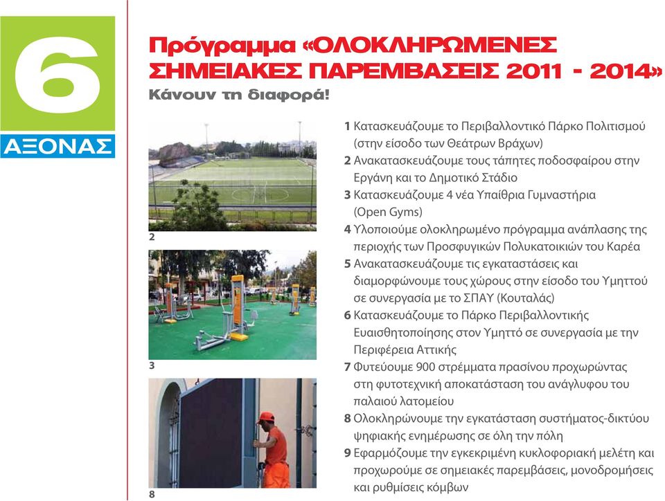 νέα Υπαίθρια Γυμναστήρια (Open Gyms) 4 Υλοποιούμε ολοκληρωμένο πρόγραμμα ανάπλασης της περιοχής των Προσφυγικών Πολυκατοικιών του Καρέα 5 Ανακατασκευάζουμε τις εγκαταστάσεις και διαμορφώνουμε τους