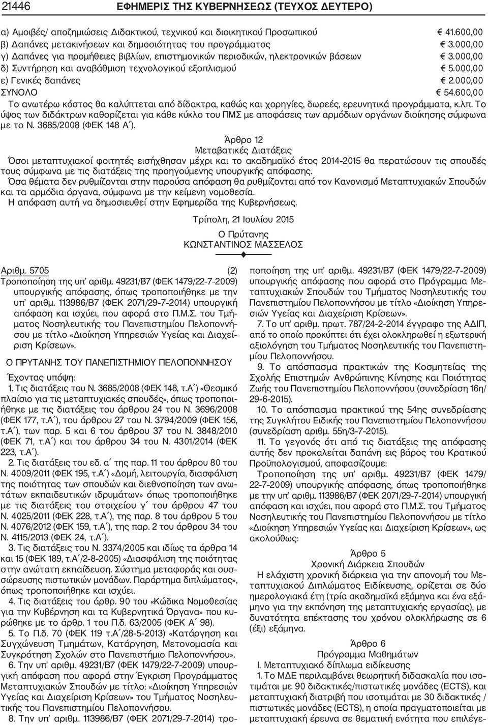 00,00 Το ανωτέρω κόστος θα καλύπτεται από δίδακτρα, καθώς και χορηγίες, δωρεές, ερευνητικά προγράμματα, κ.λπ.