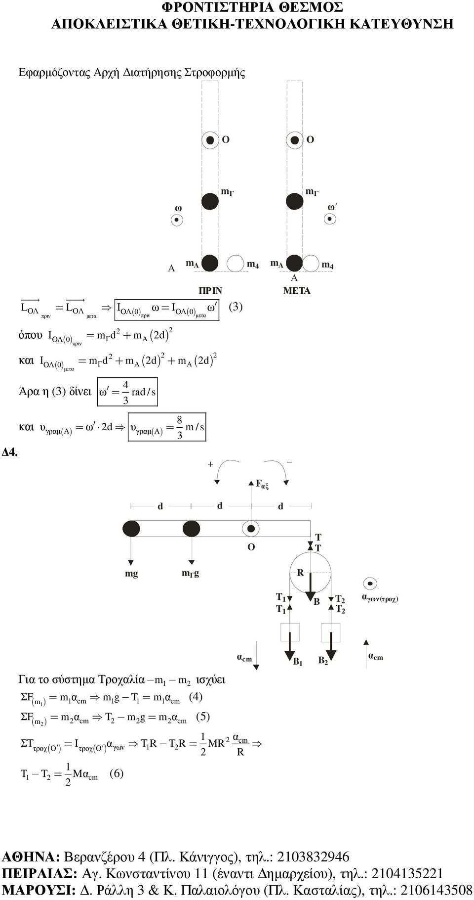 3 8 και υγραµ ( Α) = ω υγραµ ( Α) = m /s 3 m 4 + ΜΕΤΑ m 4 F αξ T T mg m g Γ R T 1 B T T 1 T α γων(τροχ) Για το σύστηµα Τροχαλία m1 m ισχύει ΣF = mα m g T= mα (4) ( ) 1 c 1