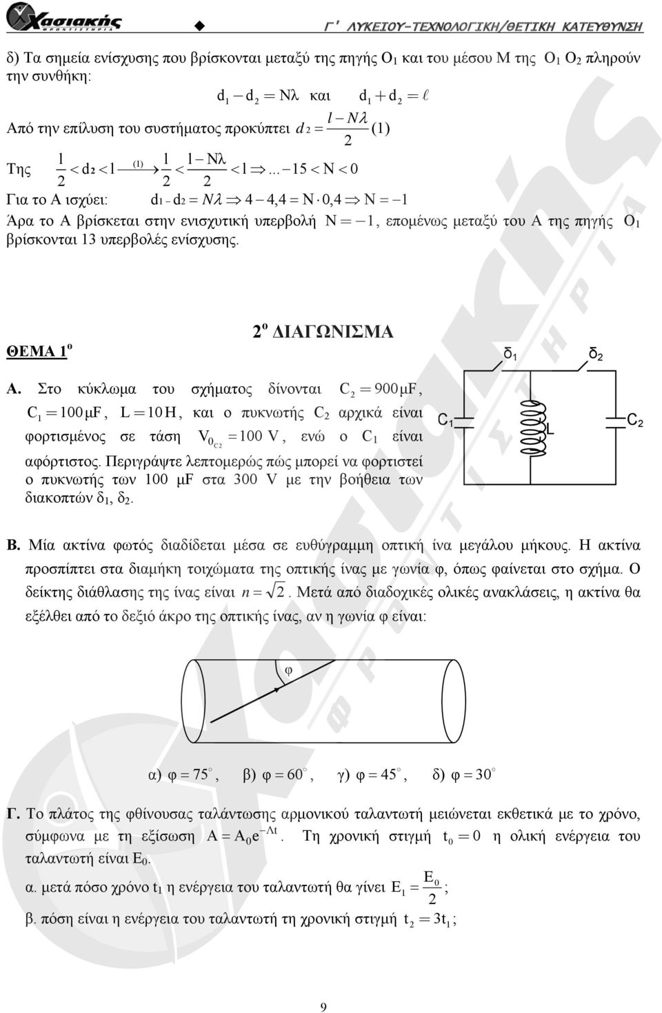 .. 15 0 Για το Α ισχύει: d1 d N 4 4,4 0,4 1 Άρα το Α βρίσκεται στην ενισχυτική υπερβολή N=- 1, επομένως μεταξύ του Α της πηγής Ο 1 βρίσκονται 1 υπερβολές ενίσχυσης. ΘΕΜΑ 1 ο ο ΔΙΑΓΩΝΙΣΜΑ δ 1 δ Α.