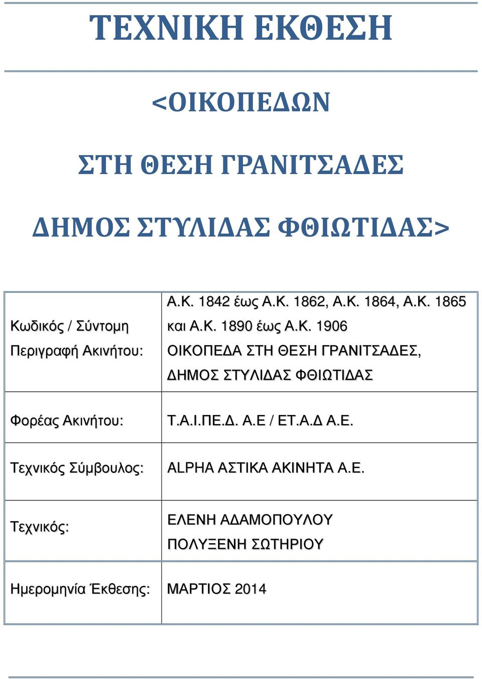 Α.Ι.ΠΕ.. Α.Ε / ΕΤ.Α. Α.Ε. Τεχνικός Σύµβουλος: ALPHA ΑΣΤΙΚΑ ΑΚΙΝΗΤΑ Α.Ε. Τεχνικός: ΕΛΕΝΗ Α ΑΜΟΠΟΥΛΟΥ ΠΟΛΥΞΕΝΗ ΣΩΤΗΡΙΟΥ Ηµεροµηνία Έκθεσης: ΜΑΡΤΙΟΣ 2014