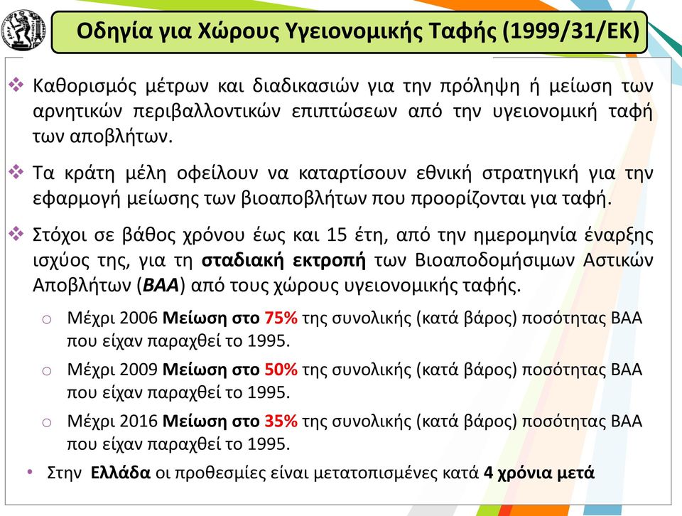 Στόχοι σε βάθος χρόνου έως και 15 έτη, από την ημερομηνία έναρξης ισχύος της, για τη σταδιακή εκτροπή των Βιοαποδομήσιμων Αστικών Αποβλήτων (ΒΑΑ) από τους χώρους υγειονομικής ταφής.