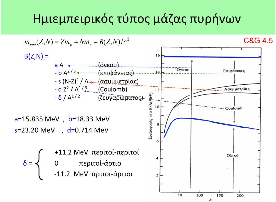 (επιφάνειας) (ασυμμετρίας) (Coulomb) (ζευγαρώματος) a=15.835 MeV, b=18.33 MeV s=23.