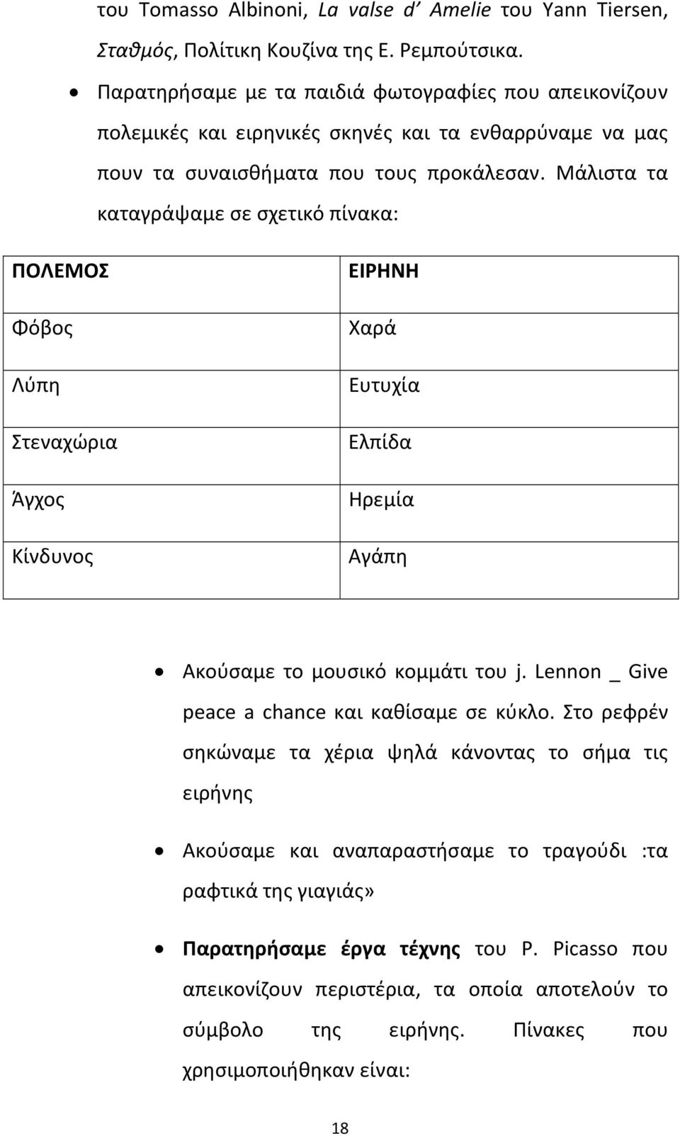 Μάλιστα τα καταγράψαμε σε σχετικό πίνακα: ΠΟΛΕΜΟΣ Φόβος Λύπη Στεναχώρια Άγχος Κίνδυνος ΕΙΡΗΝΗ Χαρά Ευτυχία Ελπίδα Ηρεμία Αγάπη Ακούσαμε το μουσικό κομμάτι του j.