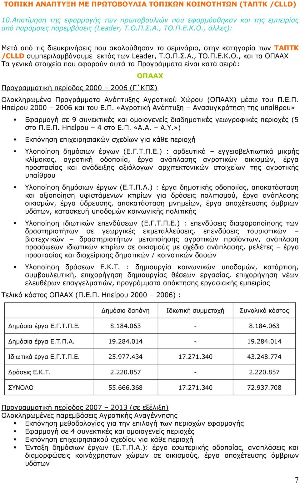 Χώρου (ΟΠΑΑΧ) μέσω του Π.Ε.Π. Ηπείρου 2000 2006 και του Ε.Π. «Αγροτική Ανάπτυξη Ανασυγκρότηση της υπαίθρου» Εφαρμογή σε 9 συνεκτικές και ομοιογενείς διαδημοτικές γεωγραφικές περιοχές (5 στο Π.Ε.Π. Ηπείρου 4 στο Ε.