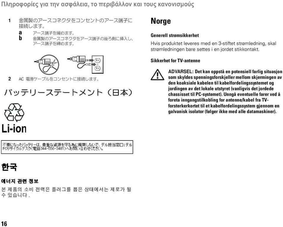 Sikkerhet for TV-antenne 2 AC 電 源 ケーブルをコンセントに 接 続 します ADVARSEL: Det kan oppstå en potensiell farlig situasjon som skyldes spenningsforskjeller mellom skjermingen av den koaksiale kabelen til