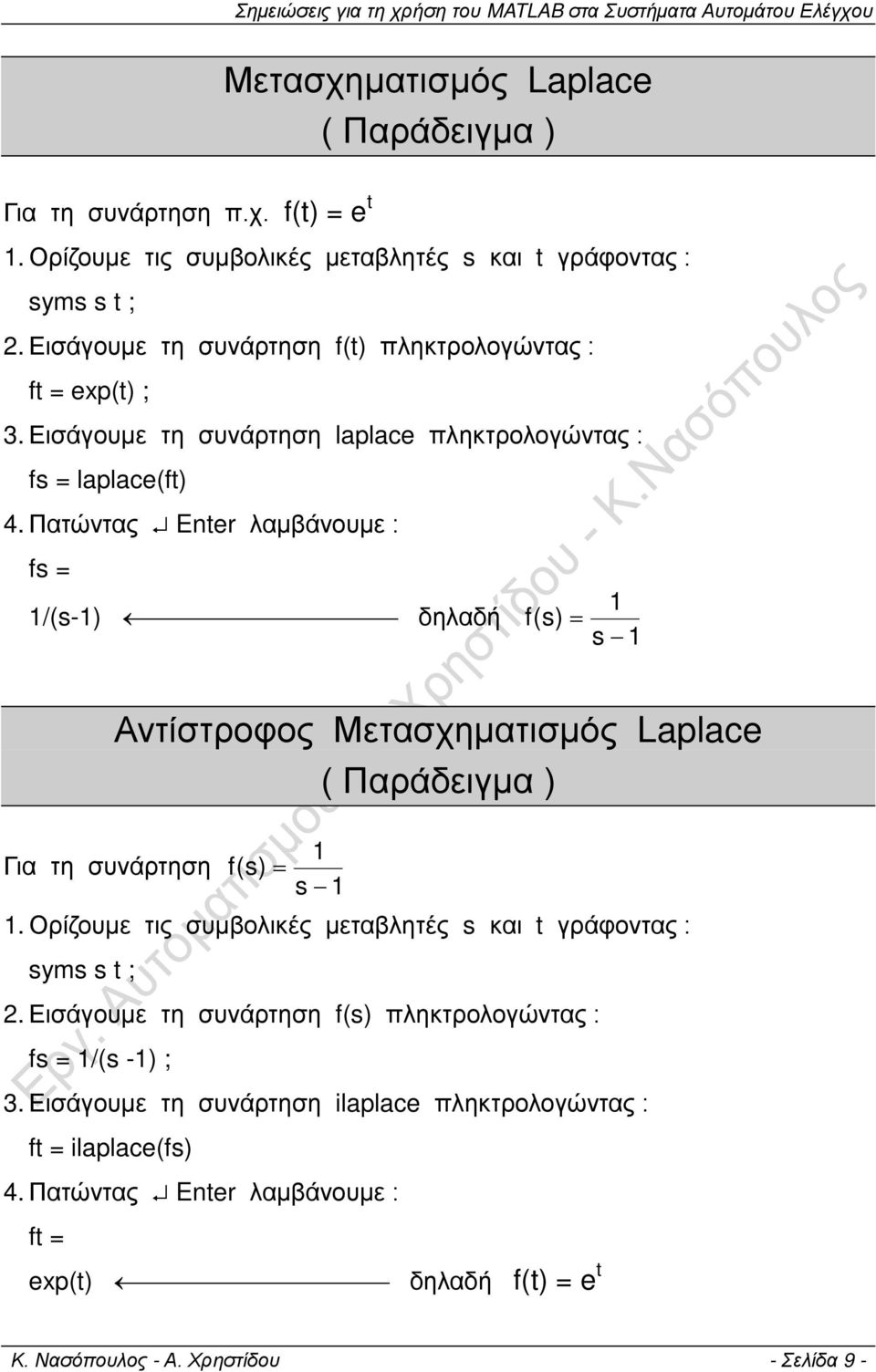 Πατώντας Enter λαμβάνουμε : fs = 1 1/(s-1) δηλαδή f( s) = s 1 Αντίστροφος Μετασχηματισμός Laplace ( Παράδειγμα ) 1 Για τη συνάρτηση f( s) = s 1 1.