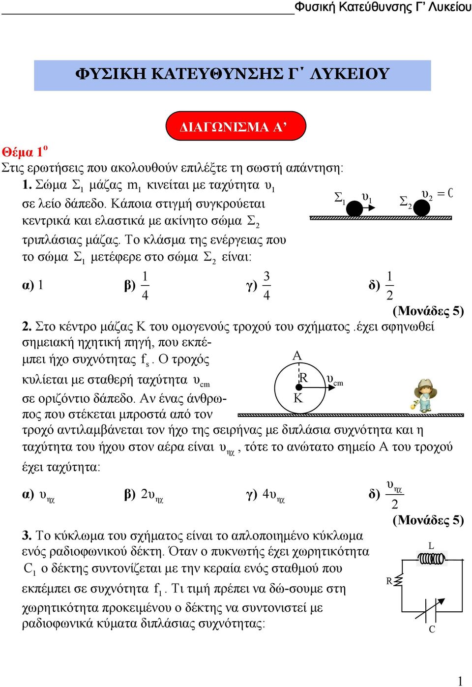 Στ κέντρ µάζας Κ τυ µγενύς τρχύ τυ σχήµατς.έχει σφηνωθεί σηµειακή ηχητική πηγή, πυ εκπέ- µπει ήχ συχνότητας f s. Ο τρχός Α κυλίεται µε σταθερή ταχύτητα υ R υ c c σε ριζόντι δάπεδ.