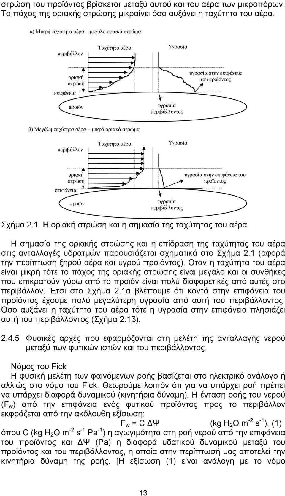 Μεγάλη ταχύτητα αέρα μικρό οριακό στρώμα περιβάλλον Ταχύτητα αέρα Υγρασία οριακή στρώση επιφάνεια προϊόν υγρασία περιβάλλοντος υγρασία στην επιφάνεια του προϊόντος Σχήμα 2.1.