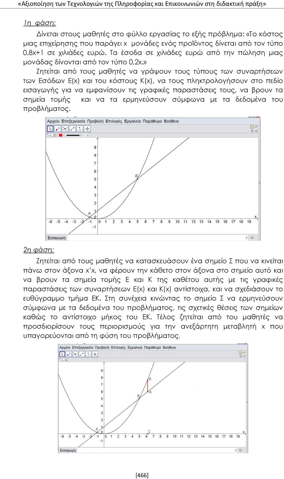 » Ζητείται από τους μαθητές να γράψουν τους τύπους των συναρτήσεων των Εσόδων Ε(x) και του κόστους Κ(x), να τους πληκτρολογήσουν στο πεδίο εισαγωγής για να εμφανίσουν τις γραφικές παραστάσεις τους,