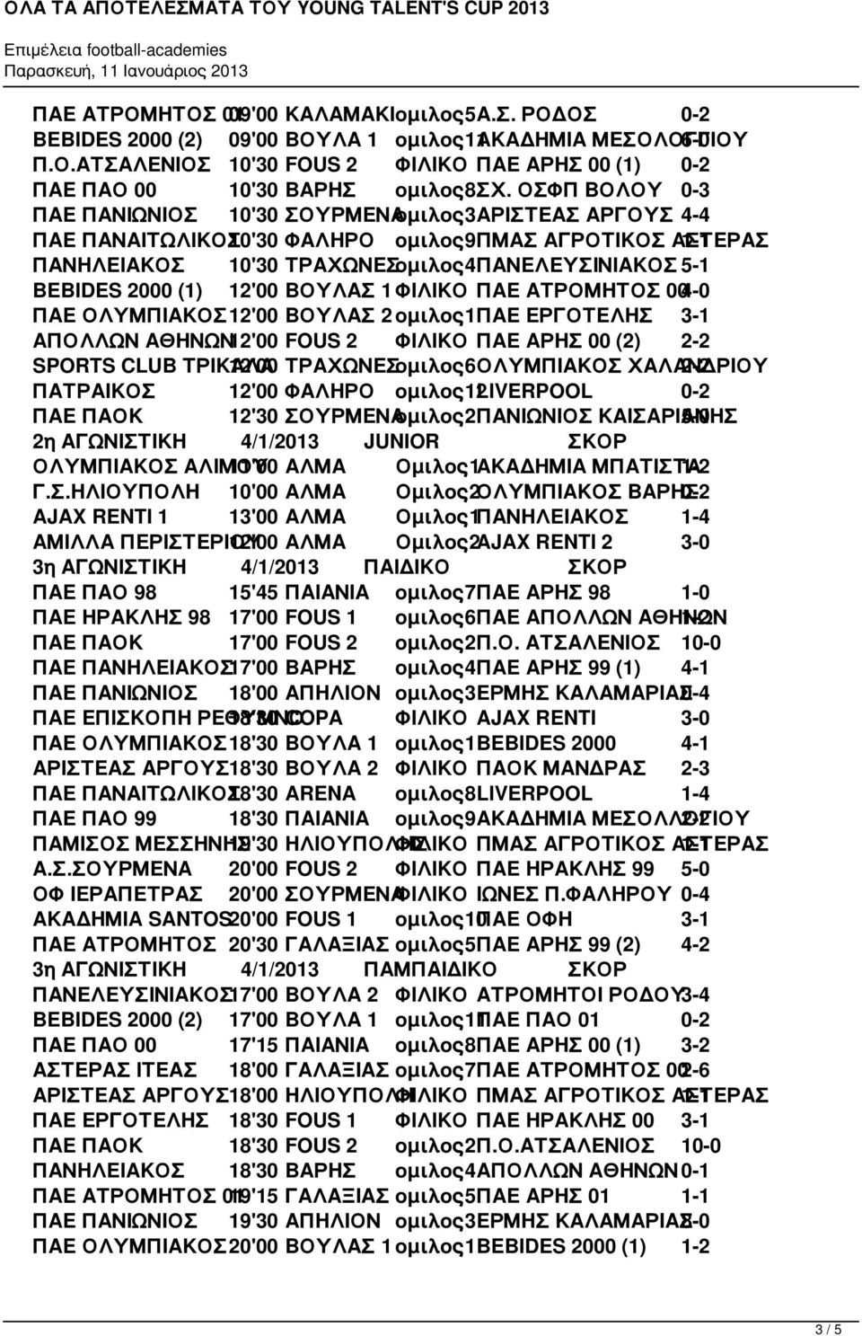 (1) 12'00 ΒΟΥΛΑΣ 1 ΦΙΛΙΚΟ ΠΑΕ ΑΤΡΟΜΗΤΟΣ 004-0 ΠΑΕ ΟΛΥΜΠΙΑΚΟΣ12'00 ΒΟΥΛΑΣ 2 ομιλος1παε ΕΡΓΟΤΕΛΗΣ 3-1 ΑΠΟΛΛΩΝ ΑΘΗΝΩΝ12'00 FOUS 2 ΦΙΛΙΚΟ ΠΑΕ ΑΡΗΣ 00 (2) 2-2 SPORTS CLUB ΤΡΙΚΑΛΑ 12'00