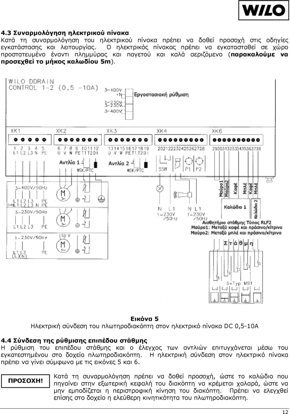 Εικόνα 5 Ηλεκτρική σύνδεση του πλωτηροδιακόπτη στον ηλεκτρικό πίνακα DC 0,5-10A 4.