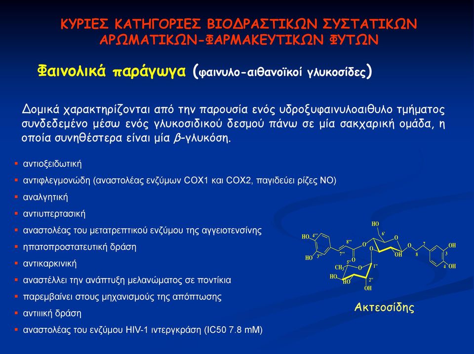 αντιοξειδωτική αντιφλεγμονώδη (αναστολέας ενζύμων COX1 και COX2, παγιδεύει ρίζες ΝΟ) αναλγητική αντιυπερτασική αναστολέας του μετατρεπτικού ενζύμου της αγγειοτενσίνης ηπατοπροστατευτική δράση