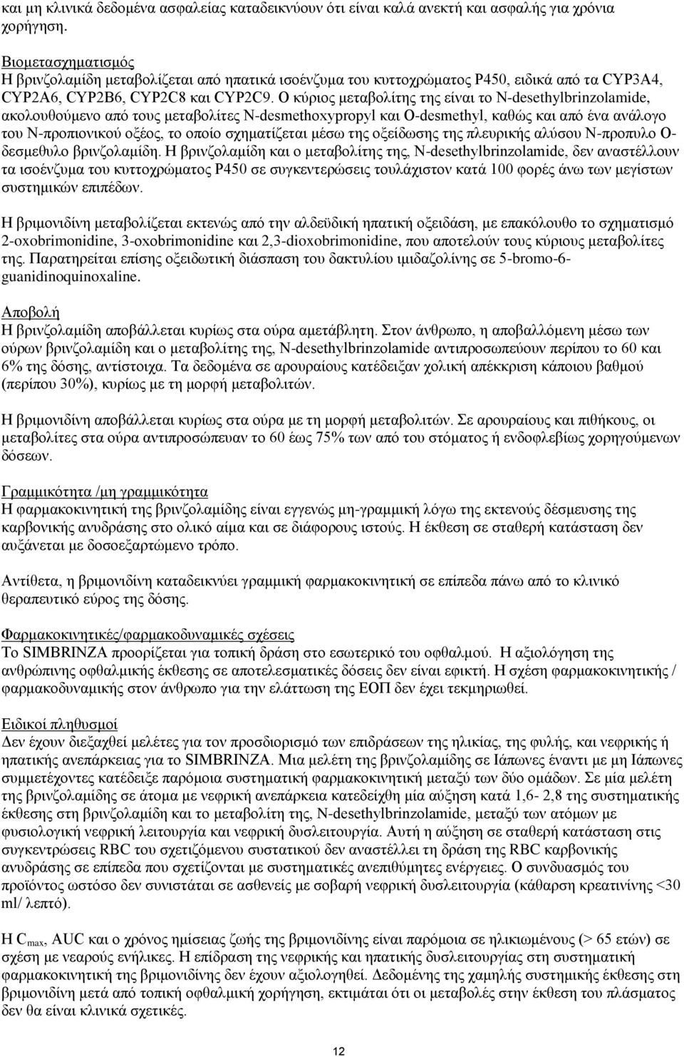 Ο κύριος μεταβολίτης της είναι το Ν-desethylbrinzolamide, ακολουθούμενο από τους μεταβολίτες Ν-desmethoxypropyl και Ο-desmethyl, καθώς και από ένα ανάλογο του Ν-προπιονικού οξέος, το οποίο