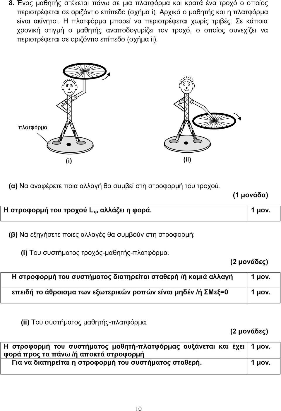 πλατφόρμα (i) (ii) (α) Να αναφέρετε ποια αλλαγή θα συμβεί στη στροφορμή του τροχού. Η στροφορμή του τροχού L τρ αλλάζει η φορά.