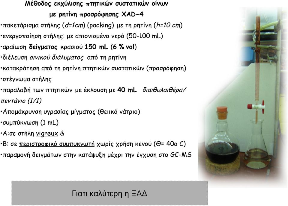 (προσρόφηση) στέγνωµα στήλης παραλαβή των πτητικών µε έκλουση µε 40 ml διαιθυλαιθέρα/ πεντάνιο (1/1) Αποµάκρυνση υγρασίας µίγµατος (θειικό νάτριο) συµπύκνωση (1