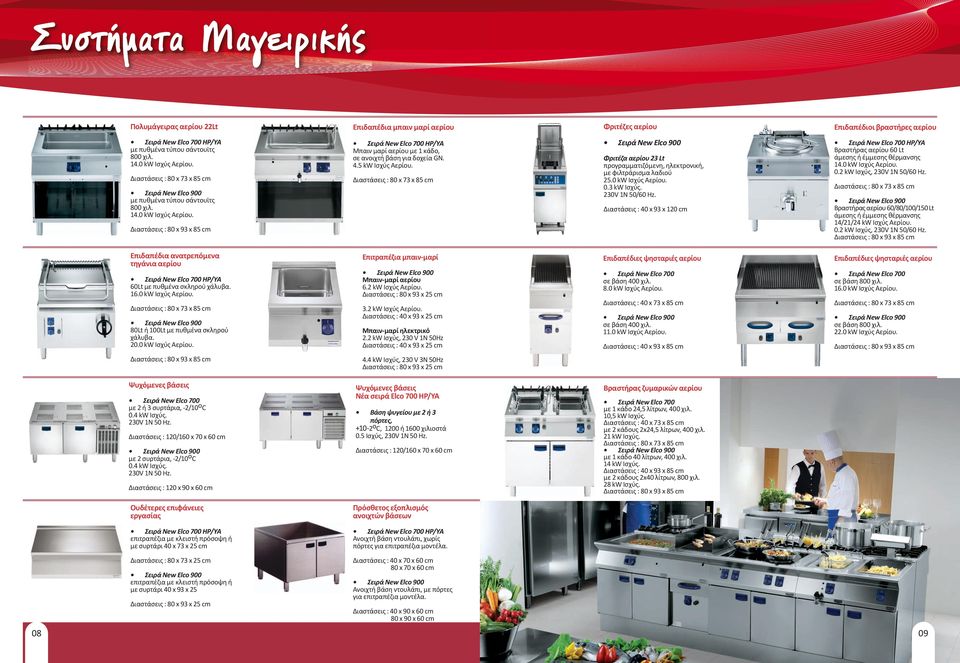 2 kw Ισχύς, Σειρά New Elc 900 με πυθμένα τύπυ σάντυϊτς 800 χιλ. 14.0 kw Ισχύς Αερίυ. Σειρά New Elc 900 Φριτέζα αερίυ 23 Lt πργραμματιζόμενη, ηλεκτρνική, με φιλτράρισμα λαδιύ 25.0 kw Ισχύς Αερίυ. 0.