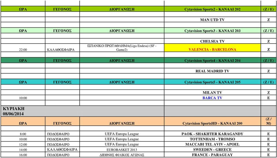 BARCA TV E ΚΥΡΙΑΚΗ 08/06/2014 ( / 8:00 ΠΟΔΟΣΦΑΙΡΟ UEFA Europa League PAOK - SHAKHTER KARAGANDY E 10:00 ΠΟΔΟΣΦΑΙΡΟ UEFA Europa League TOTTENHAM - TROMSO E 12:00