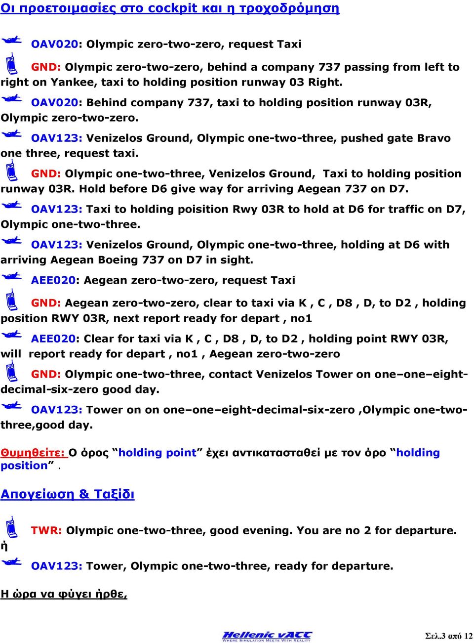 OAV123: Venizelos Ground, Olympic one-two-three, pushed gate Bravo one three, request taxi. GND: Olympic one-two-three, Venizelos Ground, Taxi to holding position runway 03R.