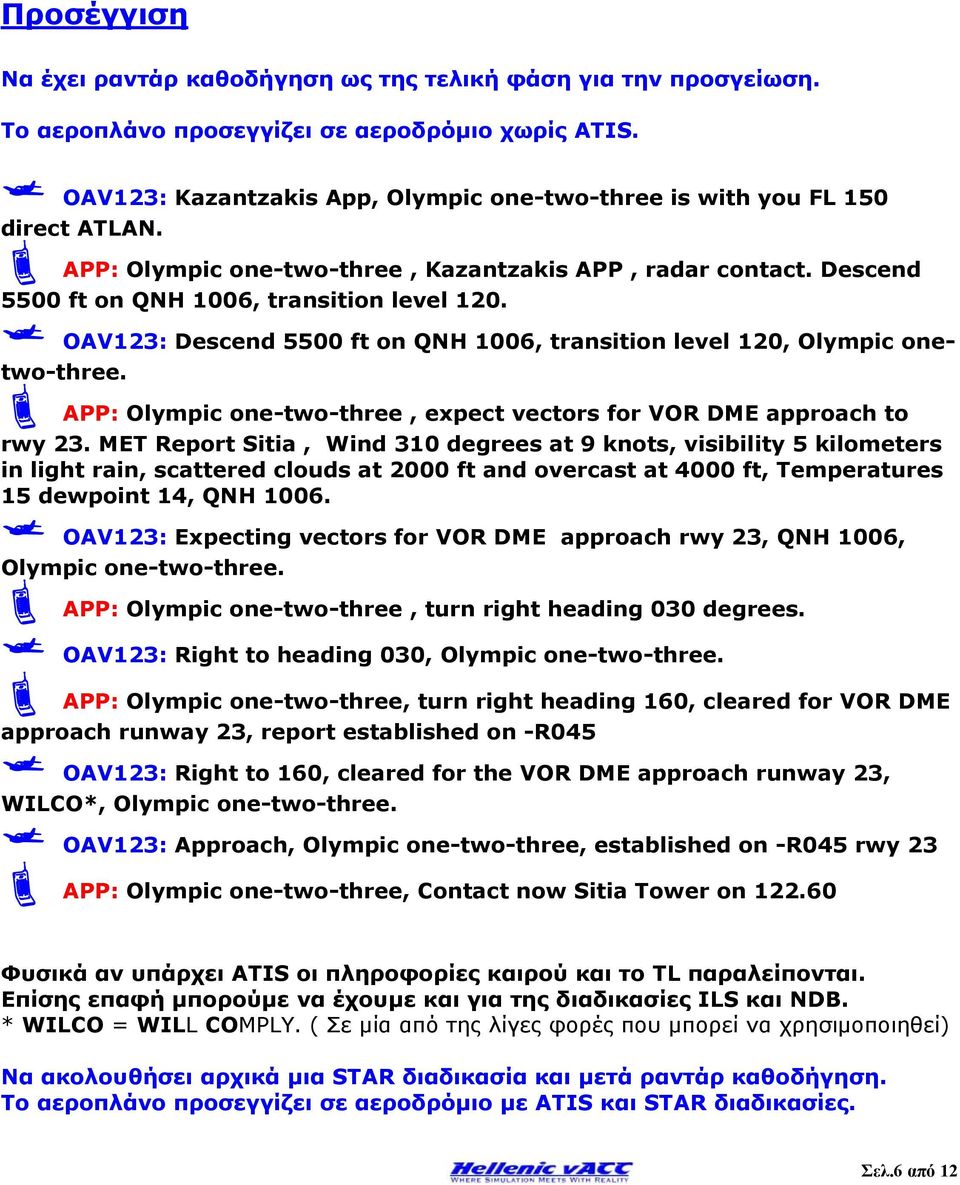 OAV123: Descend 5500 ft on QNH 1006, transition level 120, Olympic onetwo-three. APP: Olympic one-two-three, expect vectors for VOR DME approach to rwy 23.