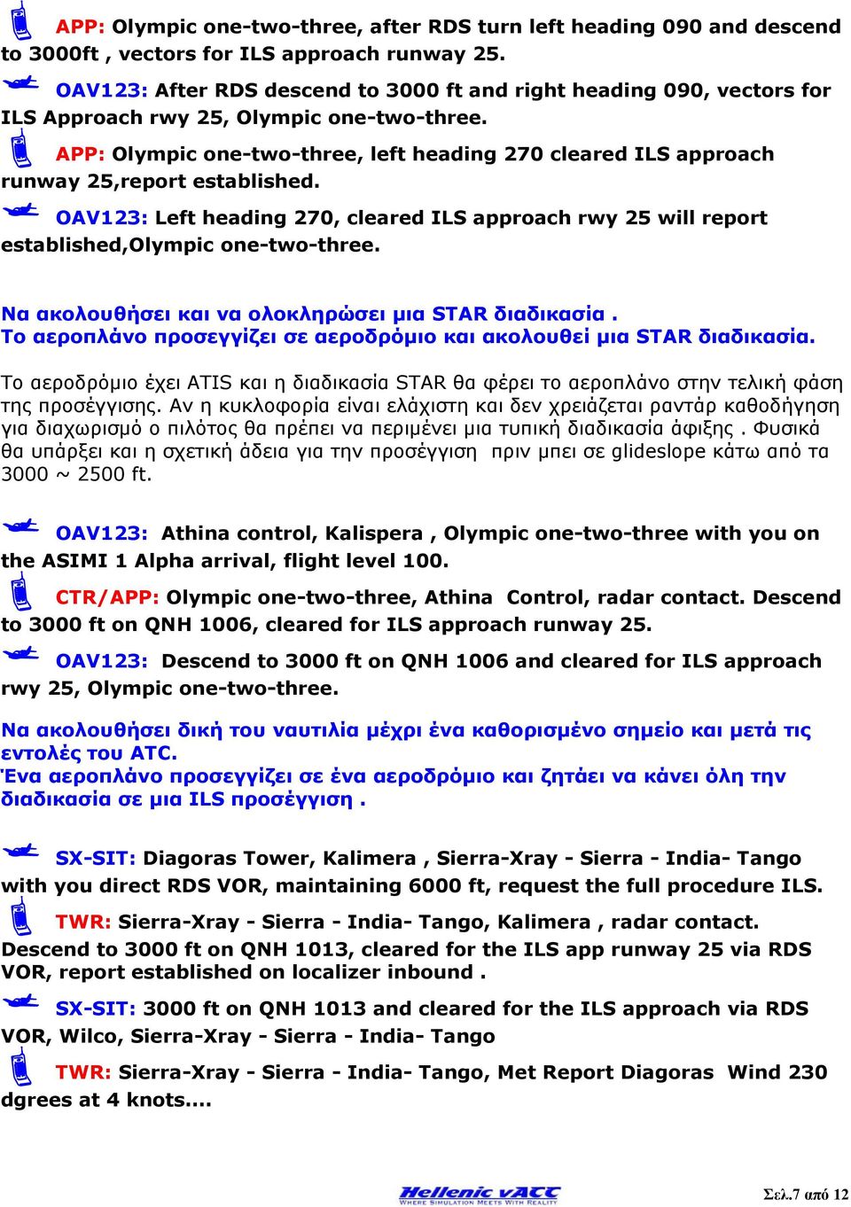 APP: Olympic one-two-three, left heading 270 cleared ILS approach runway 25,report established. OAV123: Left heading 270, cleared ILS approach rwy 25 will report established,olympic one-two-three.