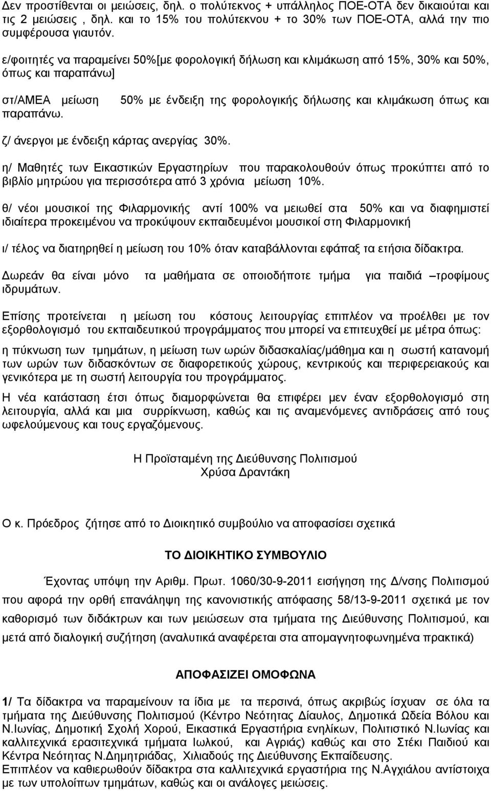 50% με ένδειξη της φορολογικής δήλωσης και κλιμάκωση όπως και ζ/ άνεργοι με ένδειξη κάρτας ανεργίας 30%.