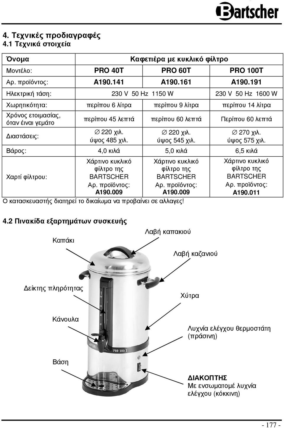 λεπτά Περίπου 60 λεπτά 220 χιλ. ύψος 485 χιλ. 220 χιλ. ύψος 545 χιλ. 270 χιλ. ύψος 575 χιλ. Βάρος: 4,0 κιλά 5,0 κιλά 6,5 κιλά Χαρτί φίλτρου: Χάρτινο κυκλικό φίλτρο της BARTSCHER Αρ. προϊόντος: A190.