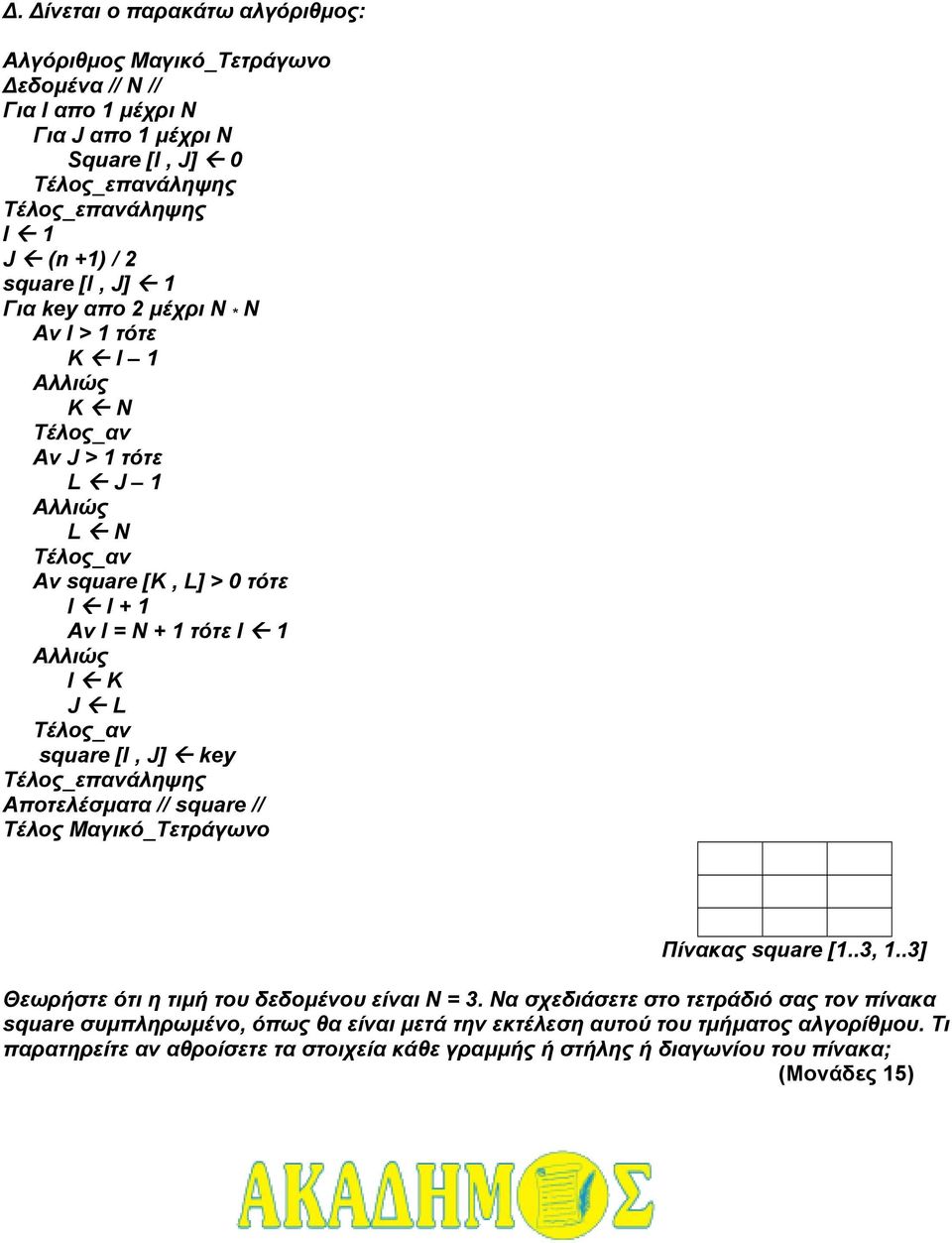 key Αποτελέσµατα // square // Τέλος Μαγικό_Τετράγωνο Πίνακας square [1..3, 1..3] Θεωρήστε ότι η τιµή του δεδοµένου είναι Ν = 3.