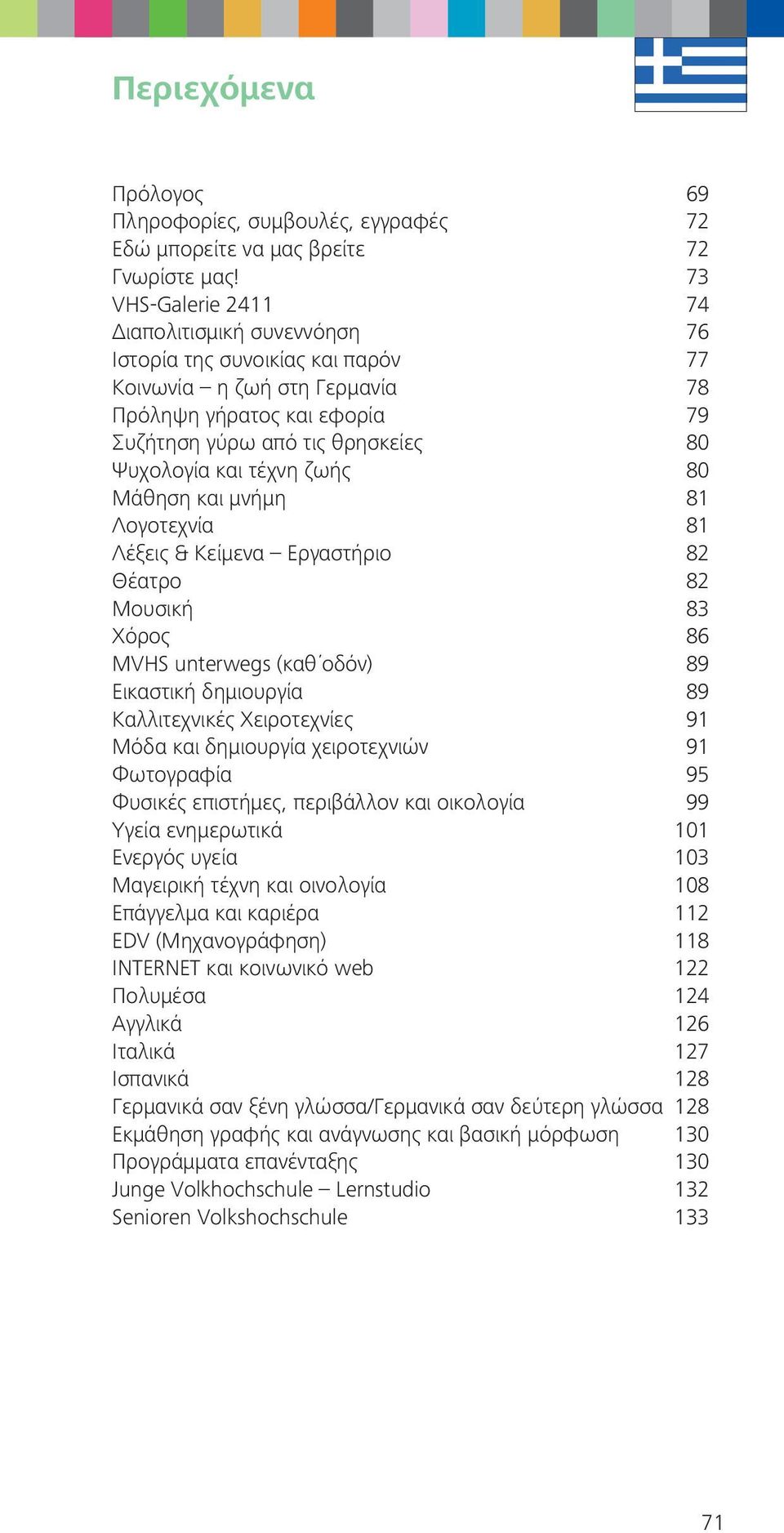 τέχνη ζωής 80 Μάθηση και μνήμη 81 Λογοτεχνία 81 Λέξεις & Κείμενα Εργαστήριο 82 Θέατρο 82 Μουσική 83 Χόρος 86 MVHS unterwegs (καθ οδόν) 89 Εικαστική δημιουργία 89 Καλλιτεχνικές Χειροτεχνίες 91 Μόδα