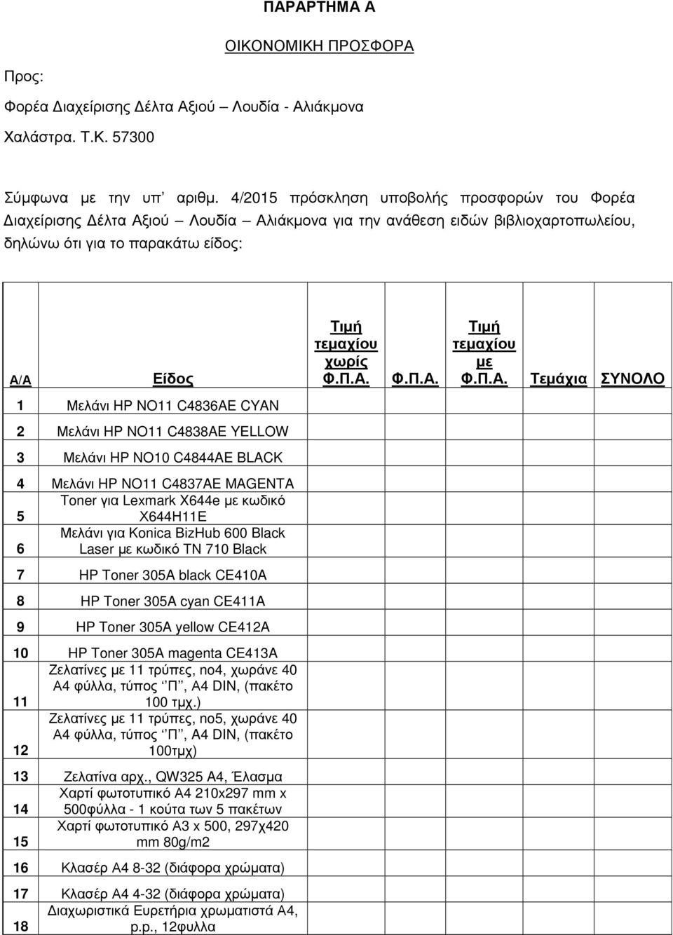 Π.Α. Τεμάχια ΣΥΝΟΛΟ 1 Μελάνι HP NO11 C4836AE CYAN 2 Μελάνι HP NO11 C4838AE YELLOW 3 Μελάνι HP NO10 C4844AE BLACK 4 Μελάνι HP NO11 C4837AE MAGENTA Toner για Lexmark X644e με κωδικό 5 Χ644Η11Ε Μελάνι