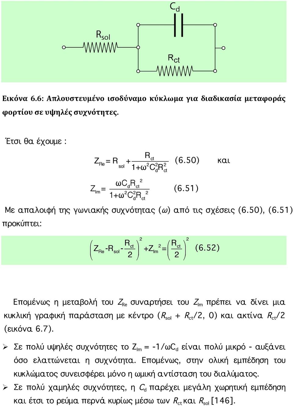 52) Επομένως η μεταβολή του Z Re συναρτήσει του Z Im πρέπει να δίνει μια κυκλική γραφική παράσταση με κέντρο (R sol + R ct /2, 0) και ακτίνα R ct /2 (εικόνα 6.7).